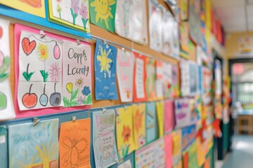 Obraz premium A bulletin board in a classroom, filled with colorful student artwork and welcome messages. 