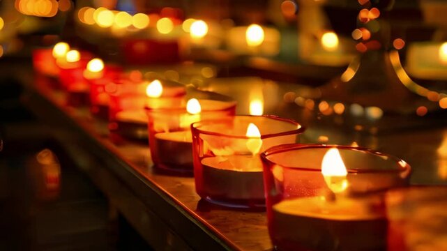 Burning candles on dark surface. Memory day