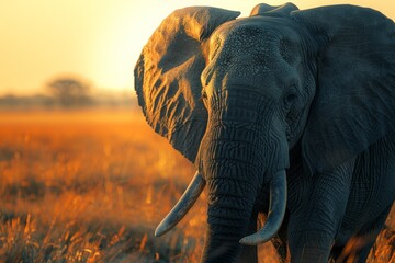 Fototapeta premium Majestic elephant standing against a vibrant sunset backdrop on the African savannah, creating a powerful and serene scene.