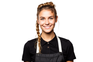 Female barista bartender with braided hair smiling Isolated on white background
