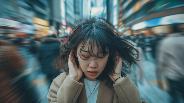 Individual experiencing anxiety and overwhelm, with emotions like worry, stress, and confusion, set in busy cluttered urban environments