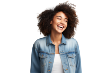 Fashionable young black woman with natural hair wearing a denim jacket Isolated on white background