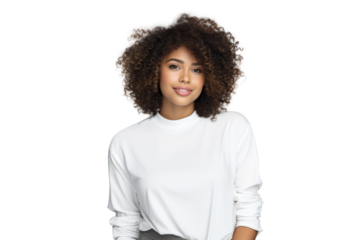 Fashionable young black woman with curly hair posing confidently Isolated on white background