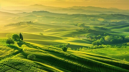 Naklejka premium Rolling Green Hills at Sunrise in Tuscany, Italy