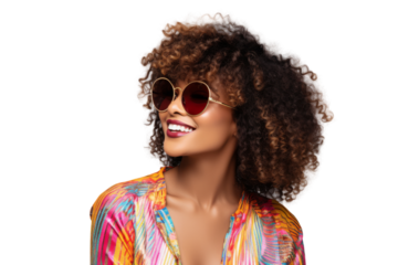 Fashionable young black woman wearing sunglasses and smiling Isolated on white background