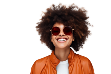 Fashionable young black woman wearing sunglasses and smiling Isolated on white background