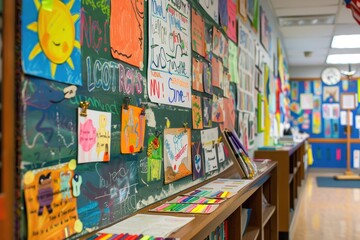 Fototapeta premium A bulletin board in a classroom, filled with colorful student artwork and welcome messages. 
