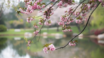 Obraz premium Pink Cherry Blossoms Blooming Over a Tranquil Pond in Springtime