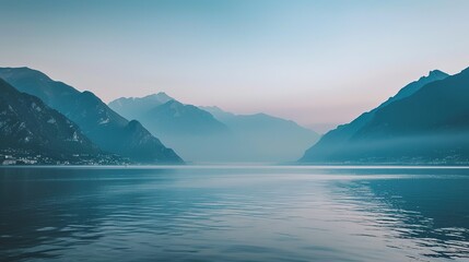 Calm Blue Lake Surrounded by Mist-Covered Mountains at Dawn