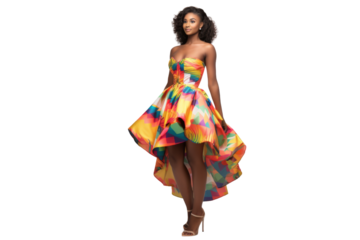 Fashionable young black woman wearing a colorful dress and high heels Isolated on white background