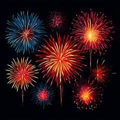 Fototapeta premium set of isolated vector fireworks on black background, celebration explosion sticker, cute fantasy dreamy illustration wallpaper