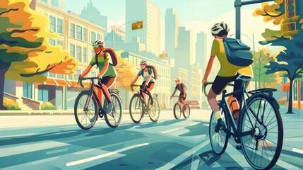 Fototapeta premium Digital illustration of cyclists navigating urban pathways and streets, emphasizing the convenience and eco-friendly aspects of biking in the city