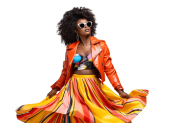 Fashionable young black woman in a vibrant outfit striking a pose Isolated on white background