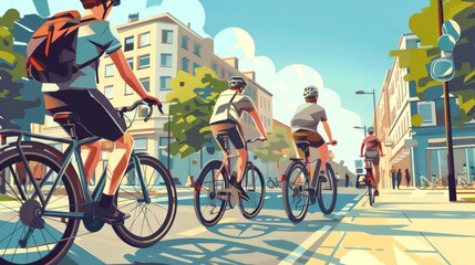Fototapeta premium Digital illustration of cyclists navigating urban pathways and streets, emphasizing the convenience and eco-friendly aspects of biking in the city