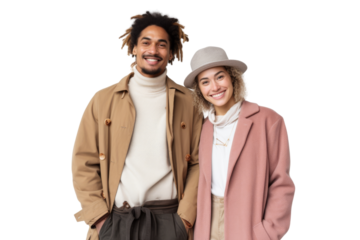 Fashionable multiethnic couple smiling in casual wear Isolated on white background
