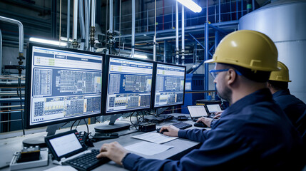 Fototapeta premium Engineers monitoring in control room with computer screens displaying system data