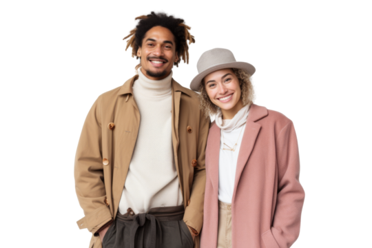 Fashionable multiethnic couple smiling in casual wear Isolated on white background