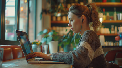 Fototapeta premium Individual working remotely from café, using laptop and participating in video calls, with a relaxed yet professional atmosphere
