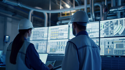 Engineers monitoring in control room with computer screens displaying system data