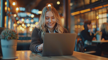 Individual working remotely from café, using laptop and participating in video calls, with a relaxed yet professional atmosphere