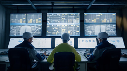 Engineers monitoring in control room with computer screens displaying system data