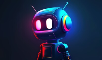 A cute robot with glowing neon eyes, simple background, colorful cartoon style, 3D rendering