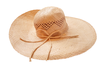 brown floppy lady straw hat with raffia straw ribbon isolated in png format