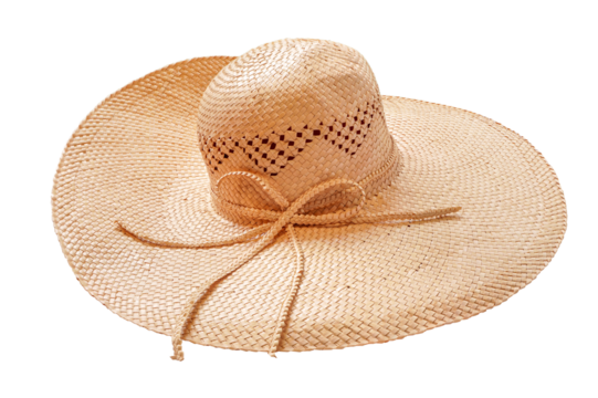 brown floppy lady straw hat with raffia straw ribbon isolated in png format