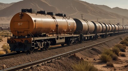 Naklejka premium A freight train is traveling along the railway in a desert landscape