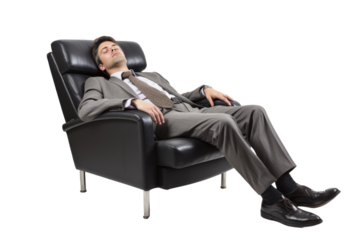 Exhausted businessman napping on office chair isolated on white background