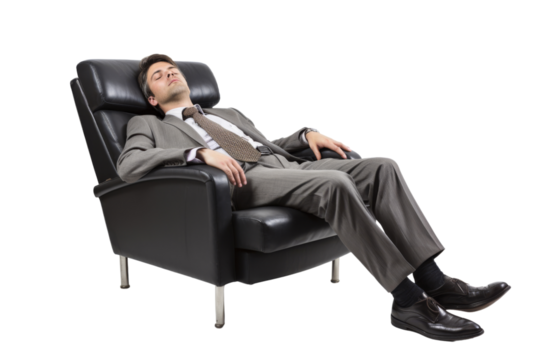 Exhausted businessman napping on office chair isolated on white background