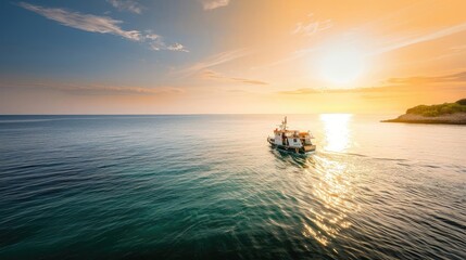 Fototapeta premium A tranquil scene of a small fishing boat sailing on calm blue waters during a beautiful golden sunset near the coastline.