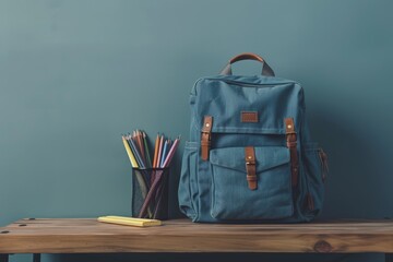 Light blue polka dot backpack on a wooden desk with colorful pencils and school supplies in a cheerful, well-decorated classroom.