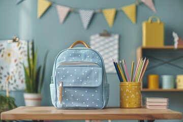 Light blue polka dot backpack on a wooden desk with colorful pencils and school supplies in a cheerful, well-decorated classroom.