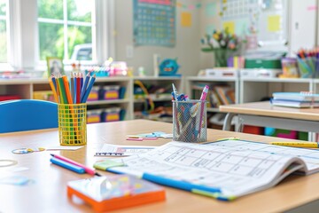 A classroom calendar marking the first day of school with fun stickers and decorations. 