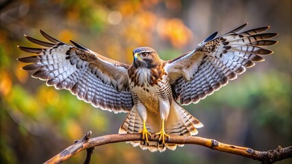 majestic hawk stretching its wings while perched on branch, bird, branch, nature, hawk, wildlife
