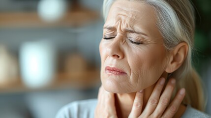 A woman with a pained expression, holding her neck due to cervical spine pain, close-up