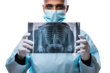 Doctor holding X-ray film, examining it closely, isolated on white background
