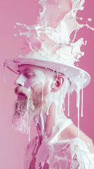 Man with white liquid splashing from hat on pink background