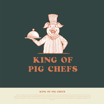 pig-headed chef mascot logo in engraving style