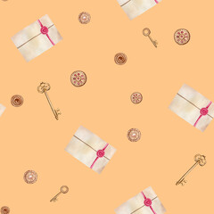 Seamless pattern with vintage keys, envelopes and buttons. Watercolor illustration on orange background for textile, fabric, print, packaging, design