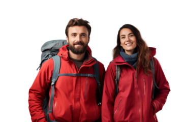 Couple hiking with sustainable gear in a mountainous area Isolated on white background