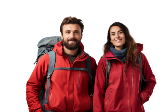 Couple hiking with sustainable gear in a mountainous area Isolated on white background