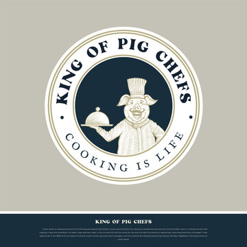 pig-headed chef mascot logo in engraving style