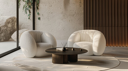 interior living room view, two arm chairs with coffee table, cream travertine, with a modern minimal japanese fluffy padded arm chair