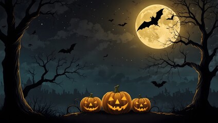 Halloween horizontal banner with vector logo. The inscription with ominous tree branches, bats and a pretty witch on a background of the full moon.