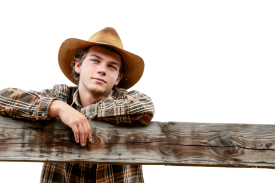 Content young farmer in hat leaning on a wooden fence Isolated on white background