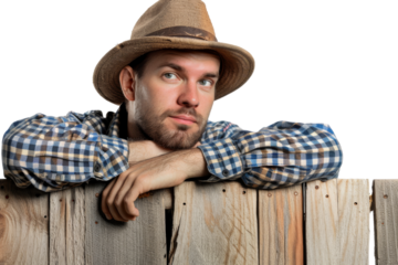 Content young farmer in hat leaning on a wooden fence Isolated on white background