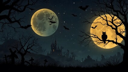 Fototapeta premium Halloween horizontal banner with vector logo. The inscription with ominous tree branches, bats and a pretty witch on a background of the full moon.