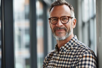 Obraz premium Portrait of a confident businessman standing in a modern office, wearing glasses and a checkered shirt with copy space for text. 